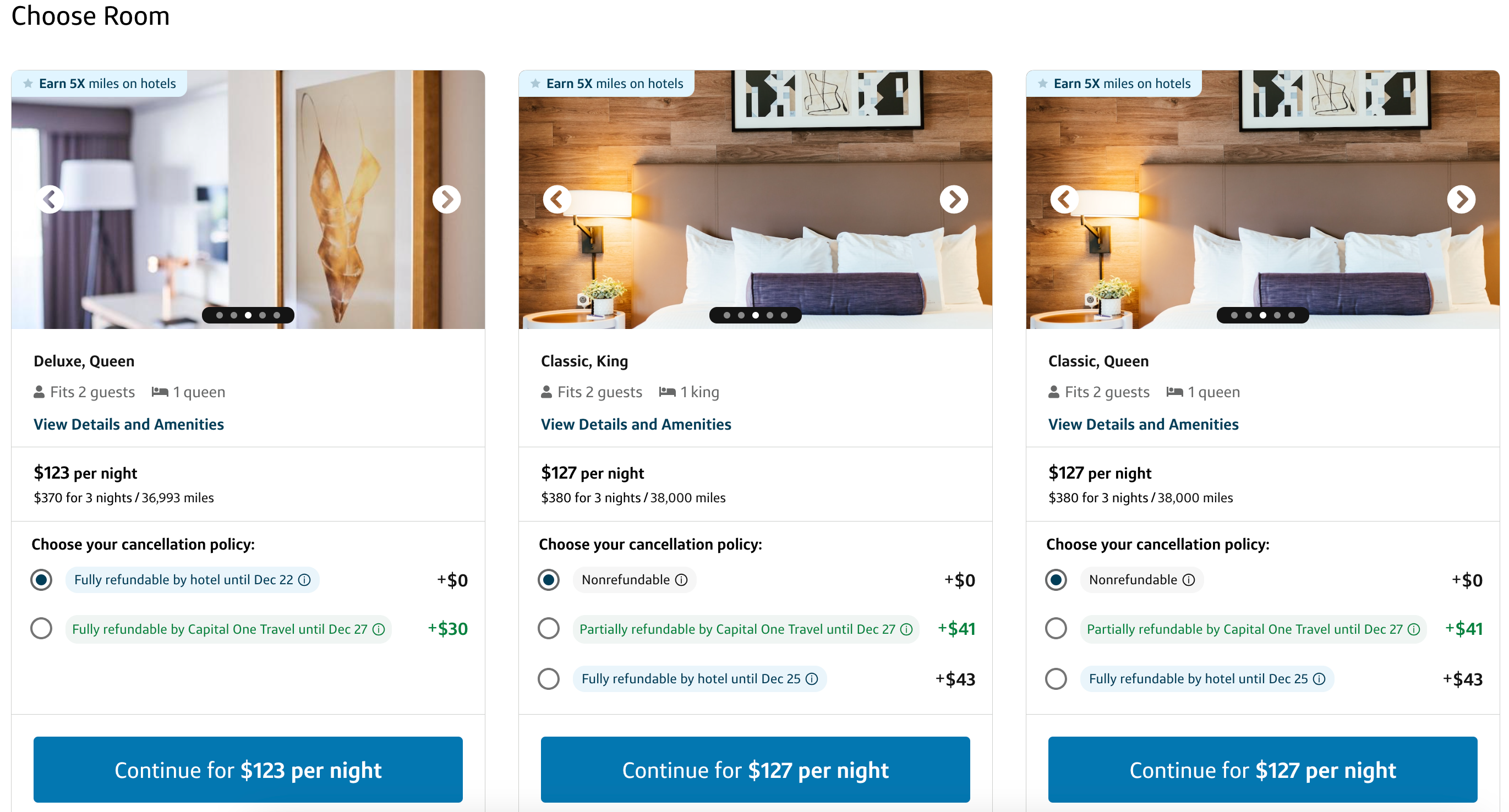 Capital One travel portal Warwick Hotel room/rate options